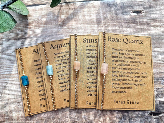 Apatite, Sunstone, rose quartz, aquamarine crystal bracelet with Rose gold or silver chain on Descriptive Card.