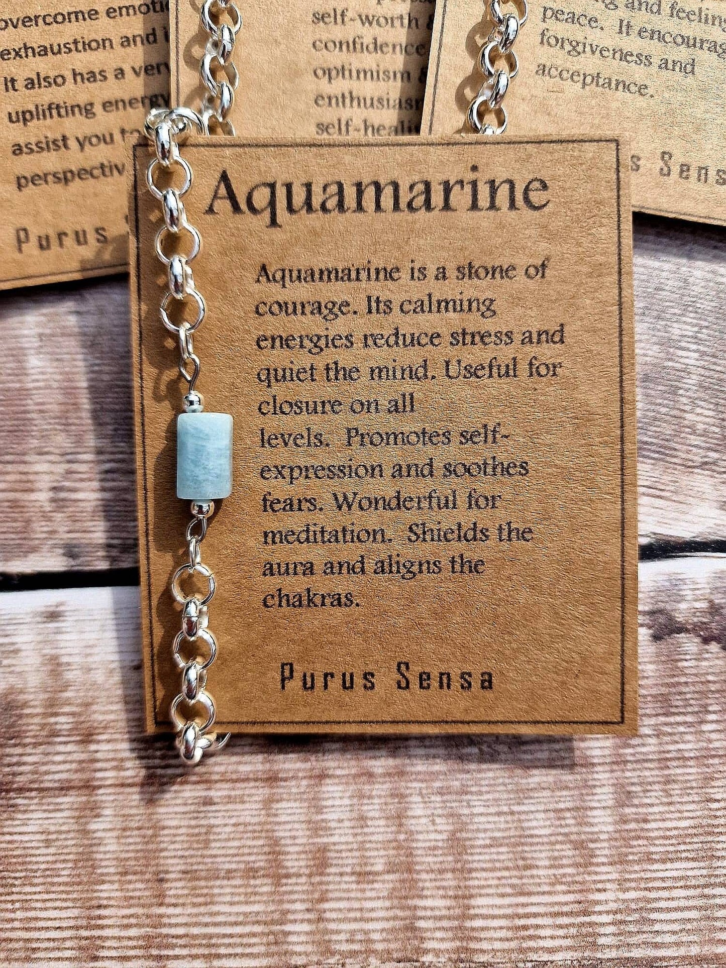 Apatite, aquamarine, Rose quartzor  Sunstone chunky silver chain crystal bracelet on a descriptive Card.