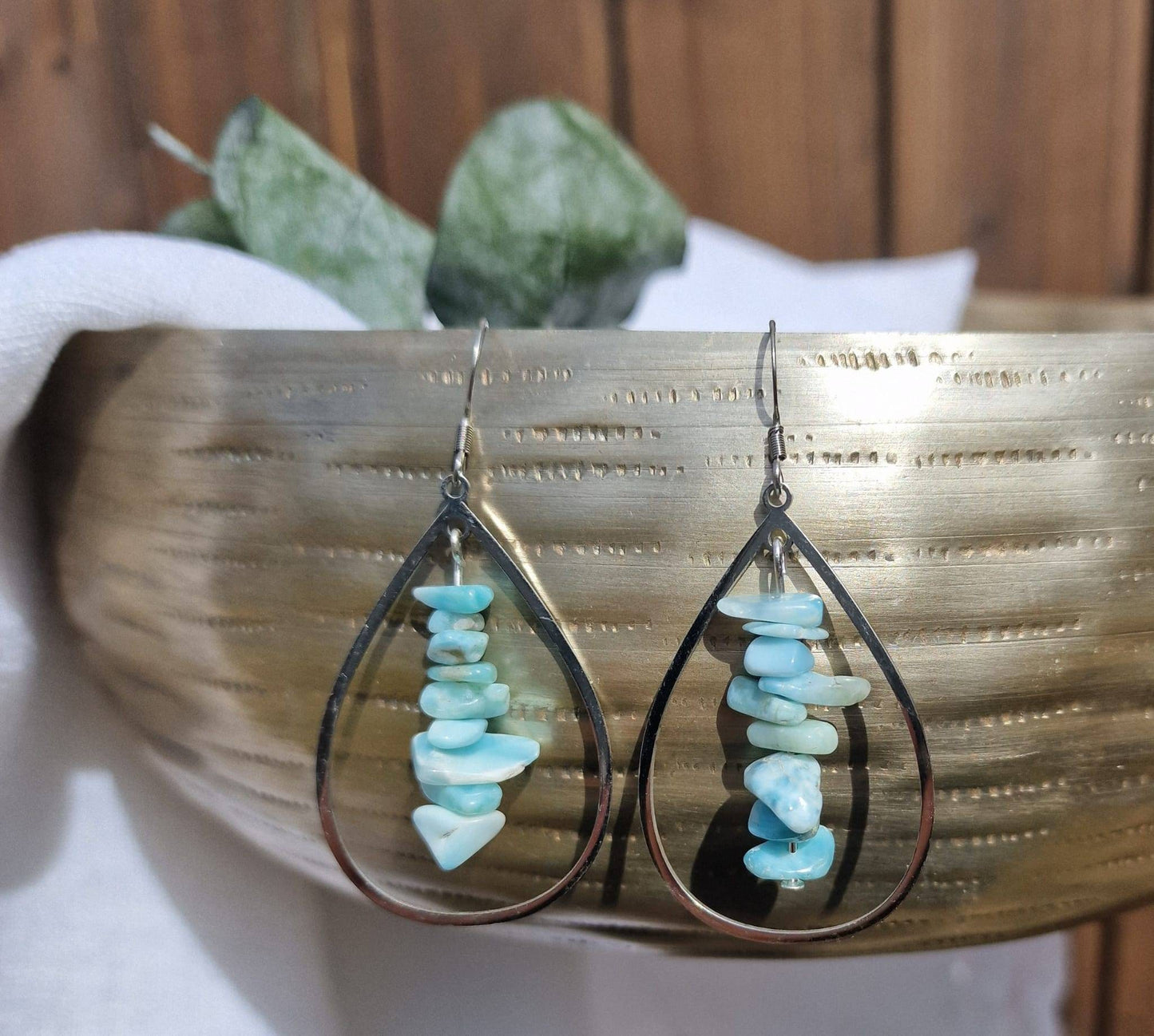 Crystal chip dangle earrings. Larimar, kunzite, blue lace agate, Moonstone