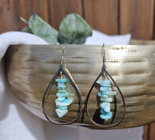 Crystal chip dangle earrings. Larimar, kunzite, blue lace agate, Moonstone