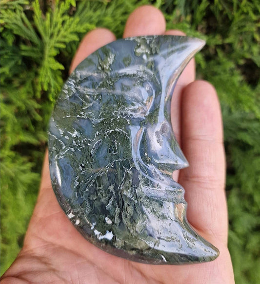 Large moss agate half moon face carving with druzy