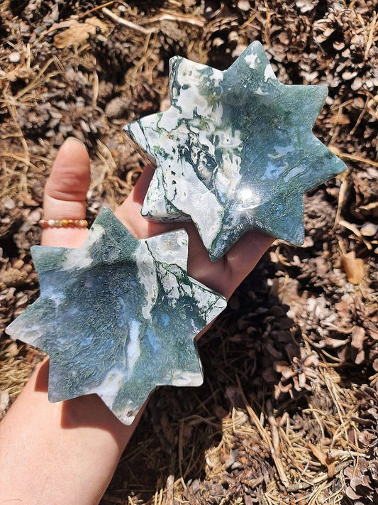 Large Octogram 8 point star Moss agate bowl.