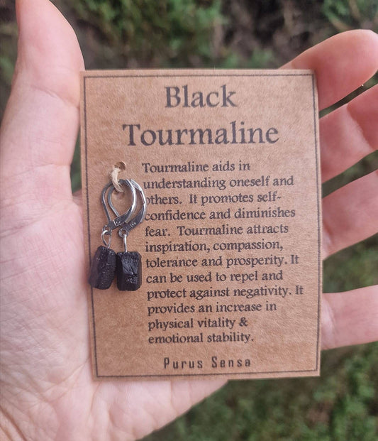 Natural Black Tourmaline huggie hoops earrings