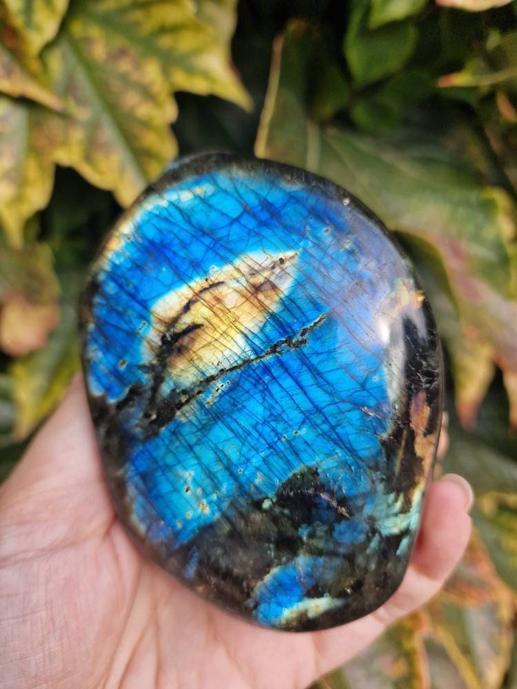 Beautiful blue green and yellow flash labradorite freeform 452g.                     Large statement Labradorite free form.