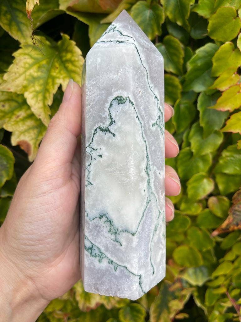 XL chunky moss agate with amethyst tower 750g 160mm