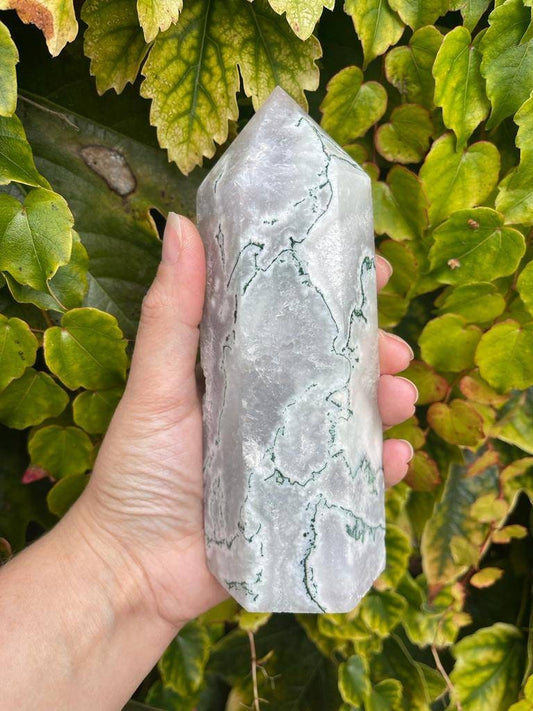 XL chunky moss agate with amethyst tower 750g 160mm