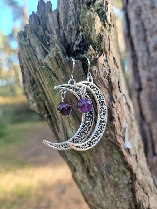 Large Amethyst and moon hook earrings