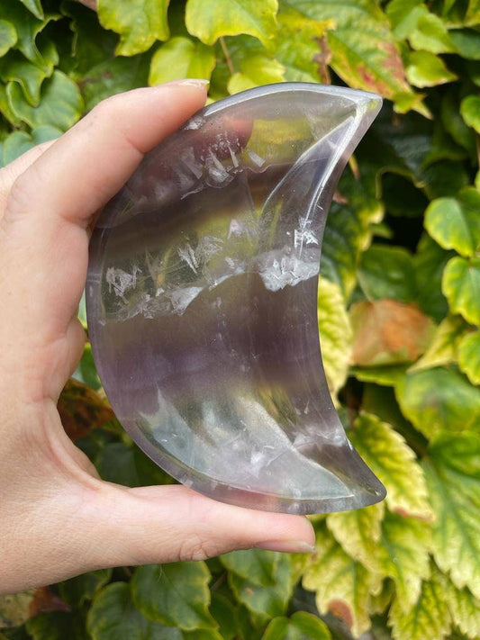 Beautiful purple fluorite moon bowl carving. 105mm long