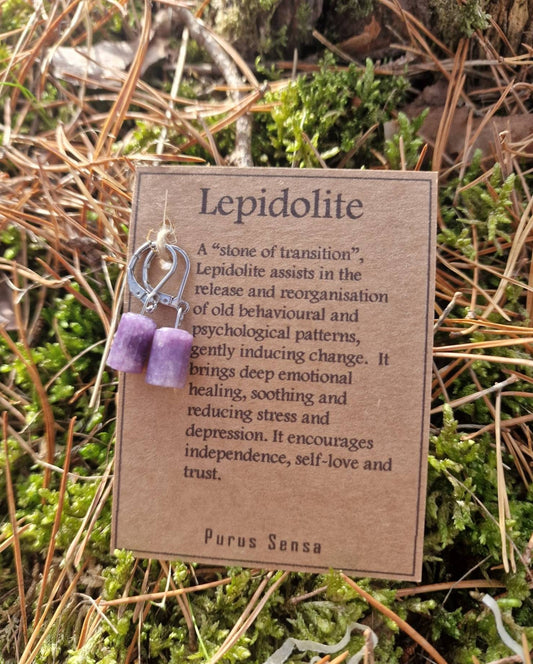 Beautiful Surgical steel Lepidolite huggie hoop earrings on a descriptive card