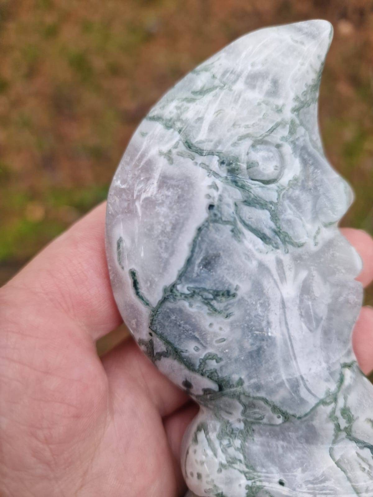 Beautiful moss agate half moon carving with druzy 205g 22cm