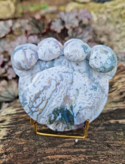 Beautiful statement moss agate paw print carving 350g