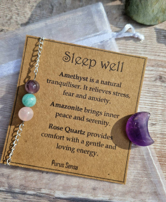 SLEEP-WELL cord, silver or rose gold chain crystal bracelet and amethyst moon crystal set