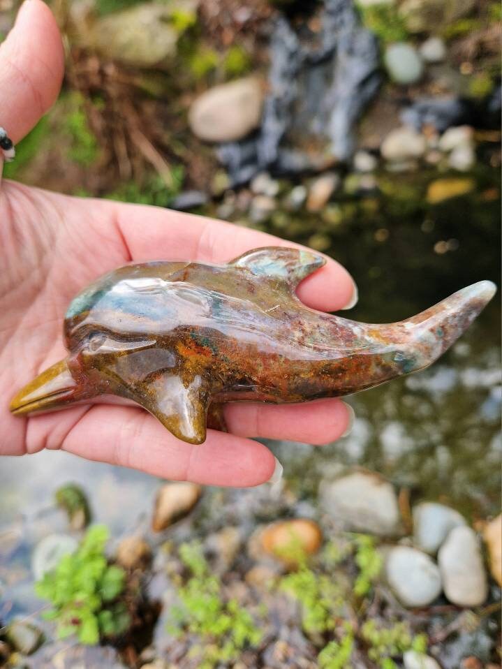 Beautiful large ocean jasper dolphin crystal carving