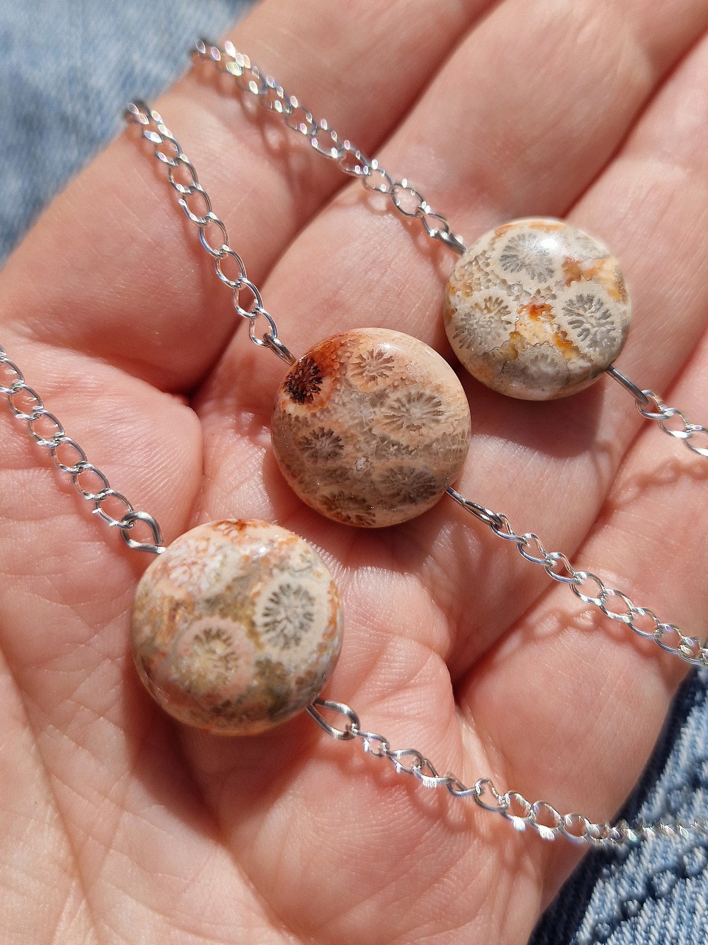 Beautiful fossilised coral jasper silver chain anklet.