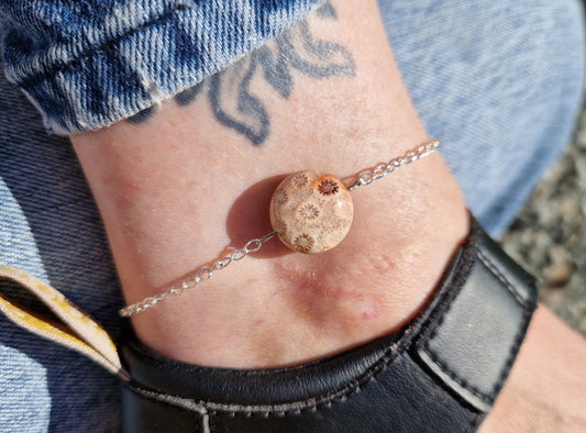 Beautiful fossilised coral jasper silver chain anklet.