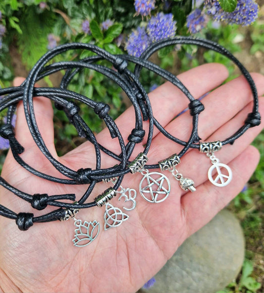 Adjustable Cord anklet. Ohm, Pentagram, Trinity knot, Peace, Lotus flower, Mushroom and more