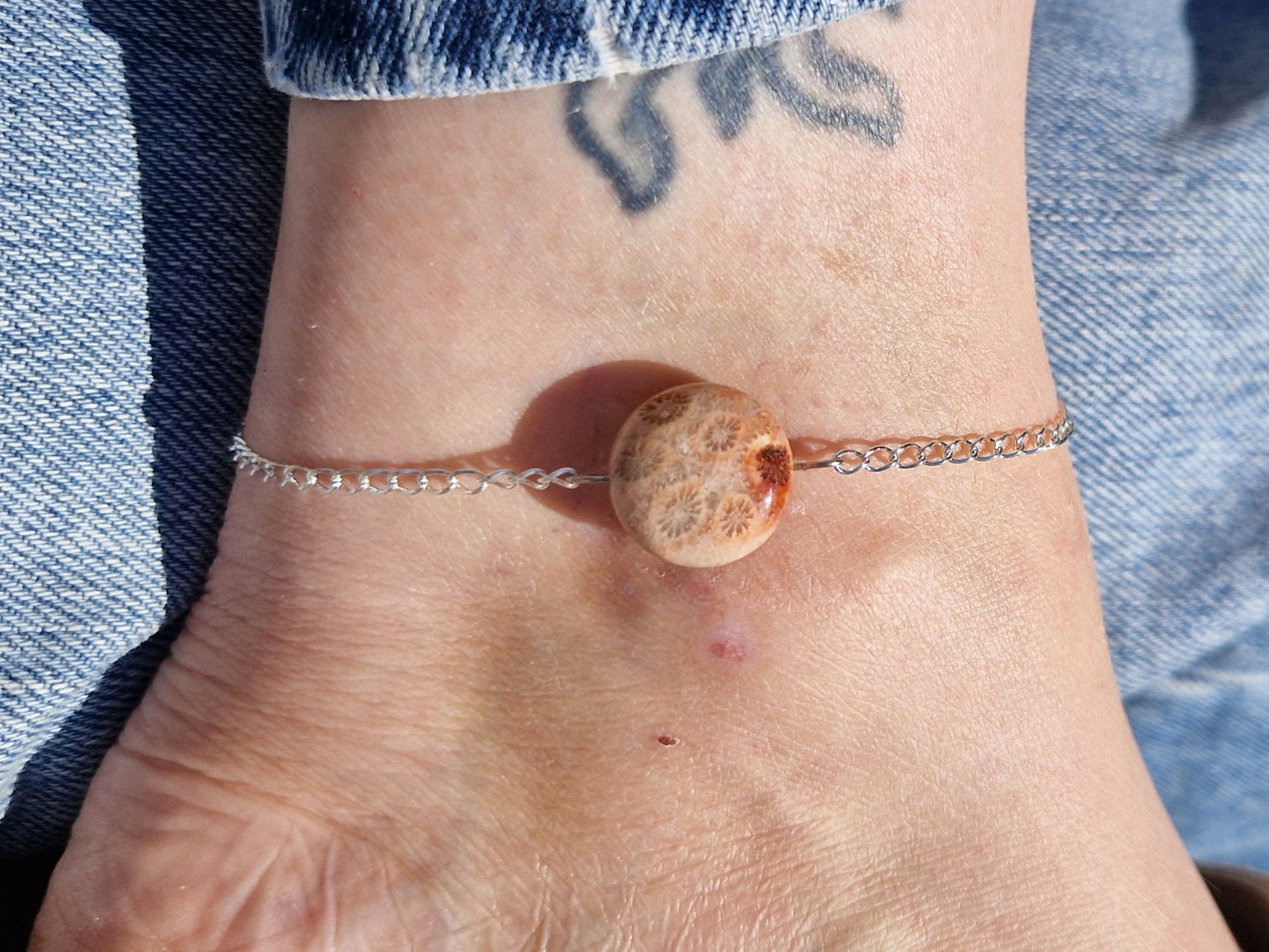 Beautiful fossilised coral jasper silver chain anklet.