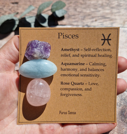 PISCES crystals. Pisces gift. Crystal gift for Pisces. Zodiac crystal set on a descriptive card.