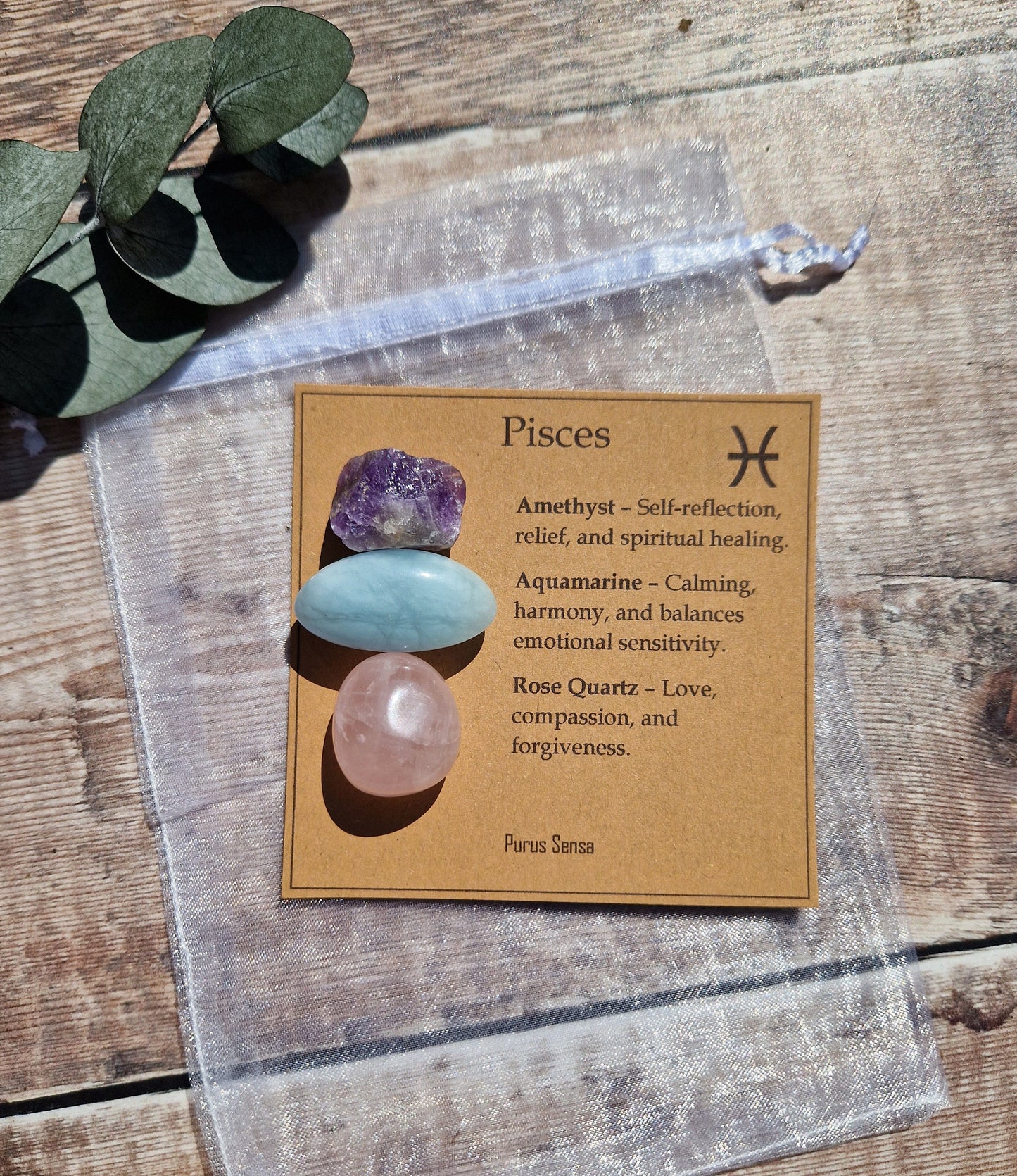 PISCES crystals. Pisces gift. Crystal gift for Pisces. Zodiac crystal set on a descriptive card.