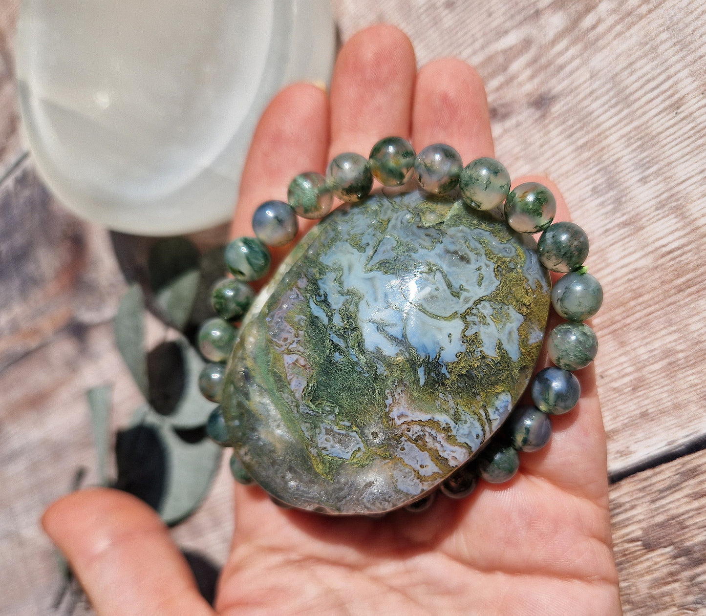 Beautiful Moss Agate bracelet and palm stone set.