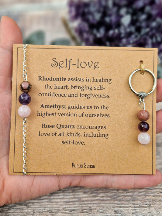 SELF-LOVE 3 bead cord, silver or rose gold chain crystal bracelet and keyring set