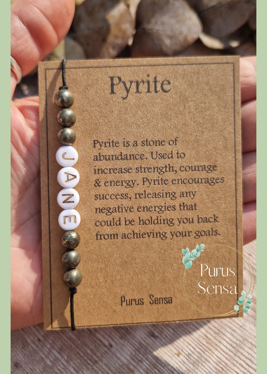 Personalised 6mm PYRITE Bracelet on descriptive card