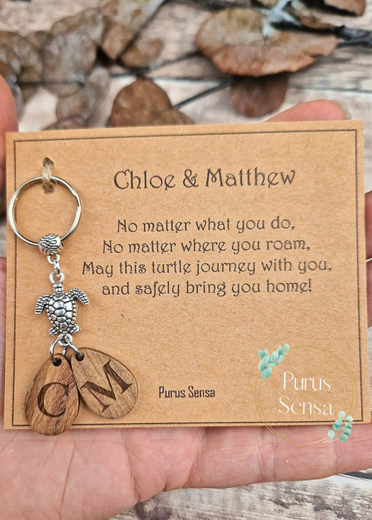 PERSONALISED couples travel turtle keyring gift